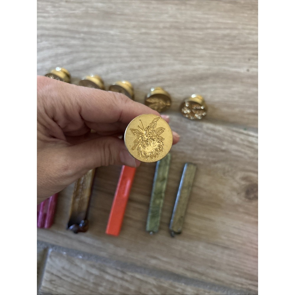 Brass wax seal stamp wooden handle six designs Flowers and leaves w/ Wax Candles - Picture 2 of 9